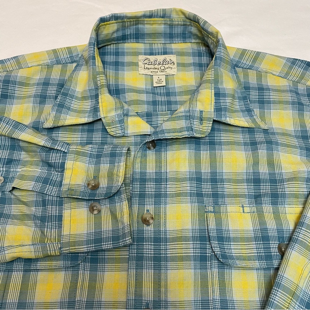 Cabela's Legendary Quality Blue Yellow Checker Shirt Long Sleeve Mens Large Tall